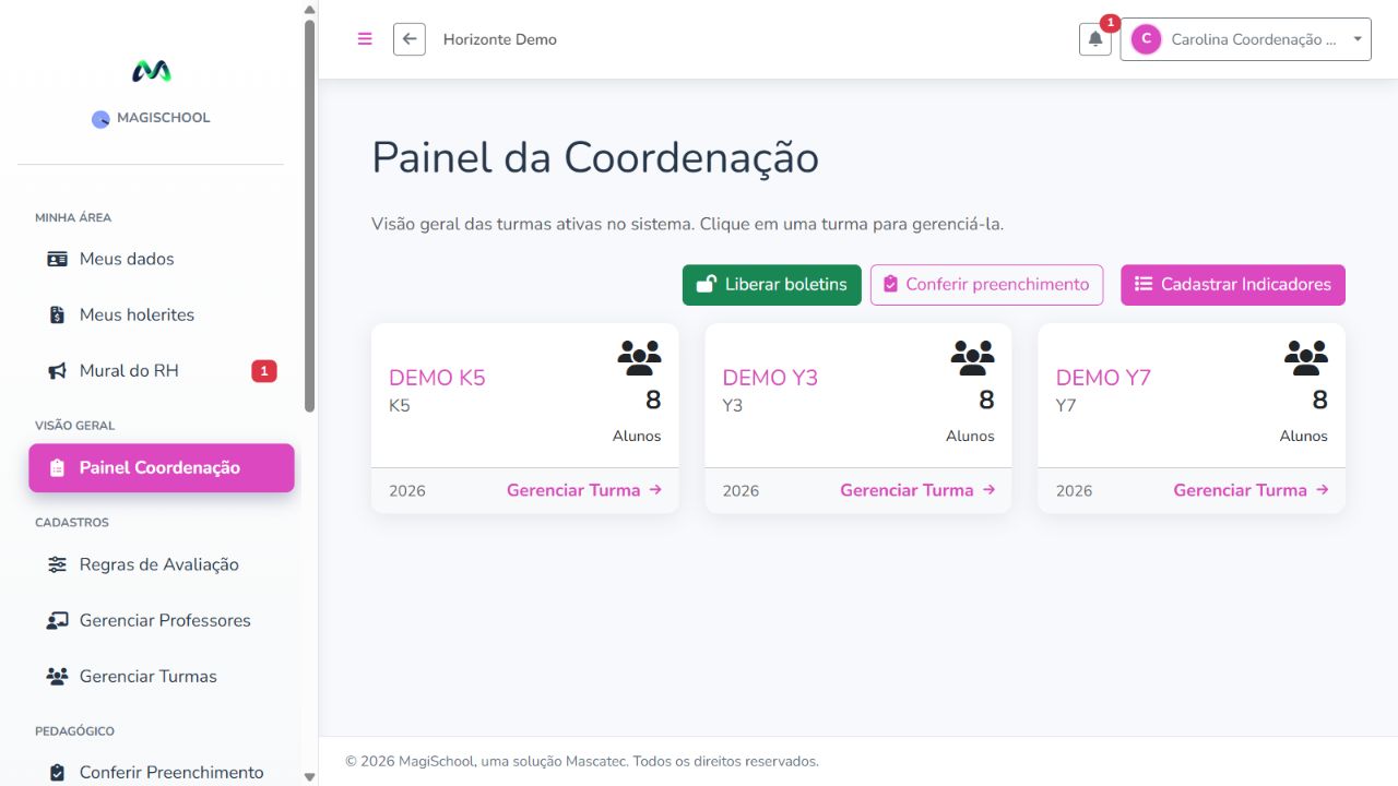 Painel demonstrativo da Coordena&ccedil;&atilde;o no MagiSchool